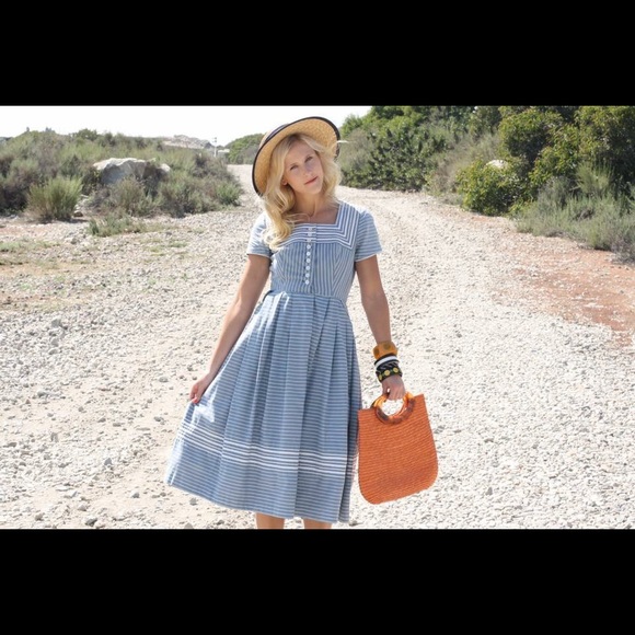 50s/ 60s Blue Pinstripe Cotton Day Dress - Picture 2 of 2